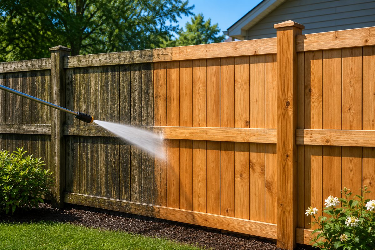 Pressure washing a wooden fence, half cleaned