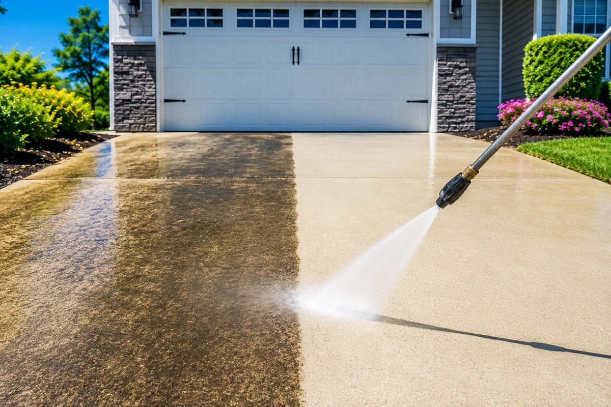 Pressure washing a concrete driveway