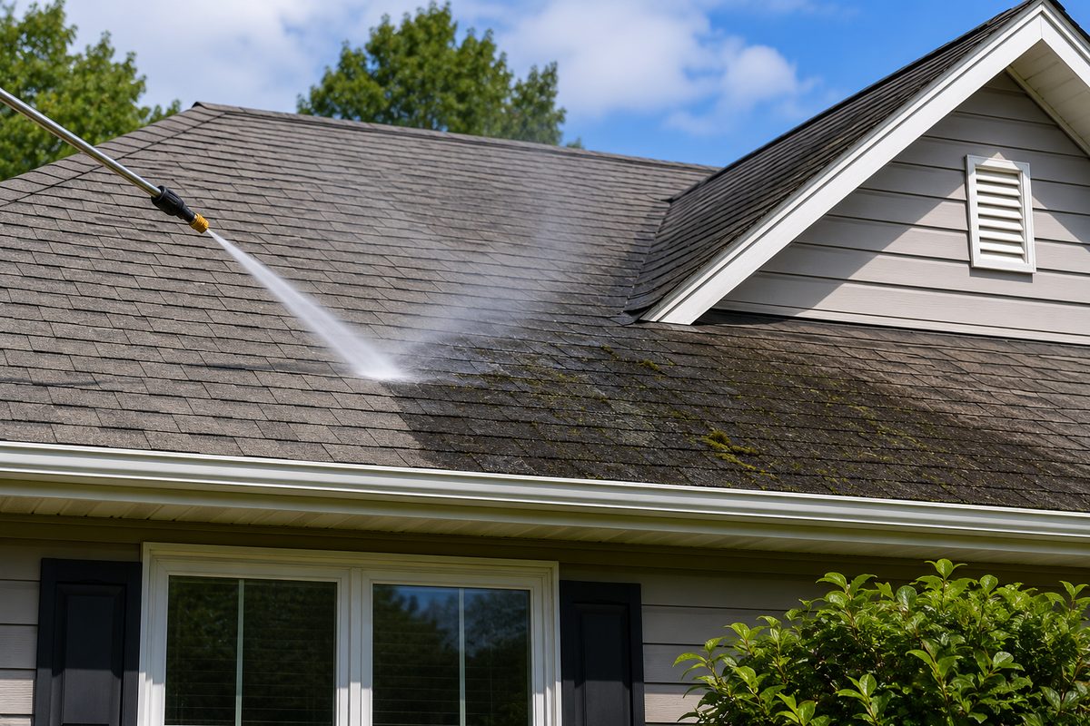 Low-pressure roof cleaning removing moss and black algae streaks