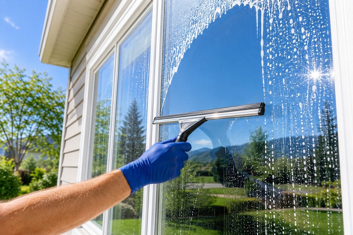 Squeegee cleaning an exterior window